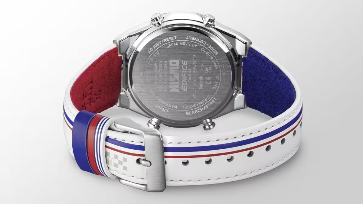 長短バンドの裏面を赤と青で染め分けたスエード調の合成皮革